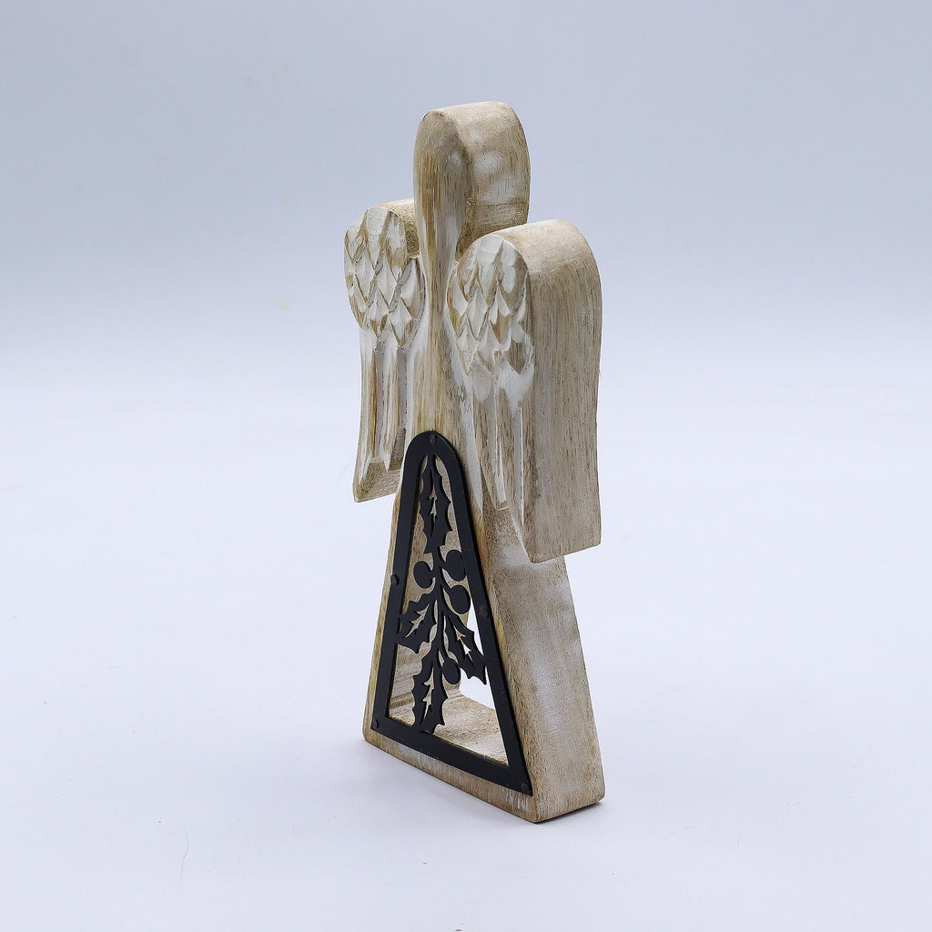 Mango Wood Angel - Whitewash, Iron Holly Cut-Out – view 7
