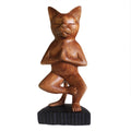 Hand-Carved Yoga Cat Statue - One Leg Pose, Suar Wood