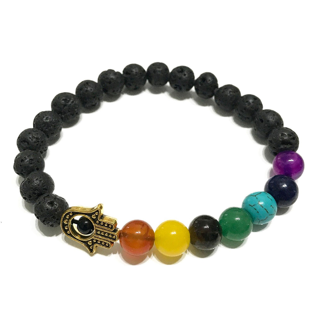 Lava Stone Bracelet with Hamsa Charm and Chakra Beads