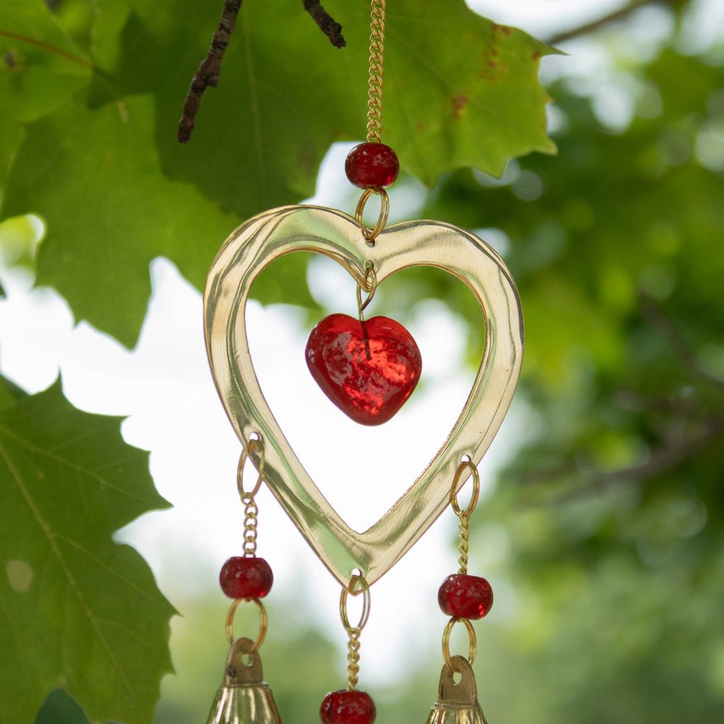 Brass Wind Chime with Ruby Glass Heart Beads, 6.5x24cm – view 5