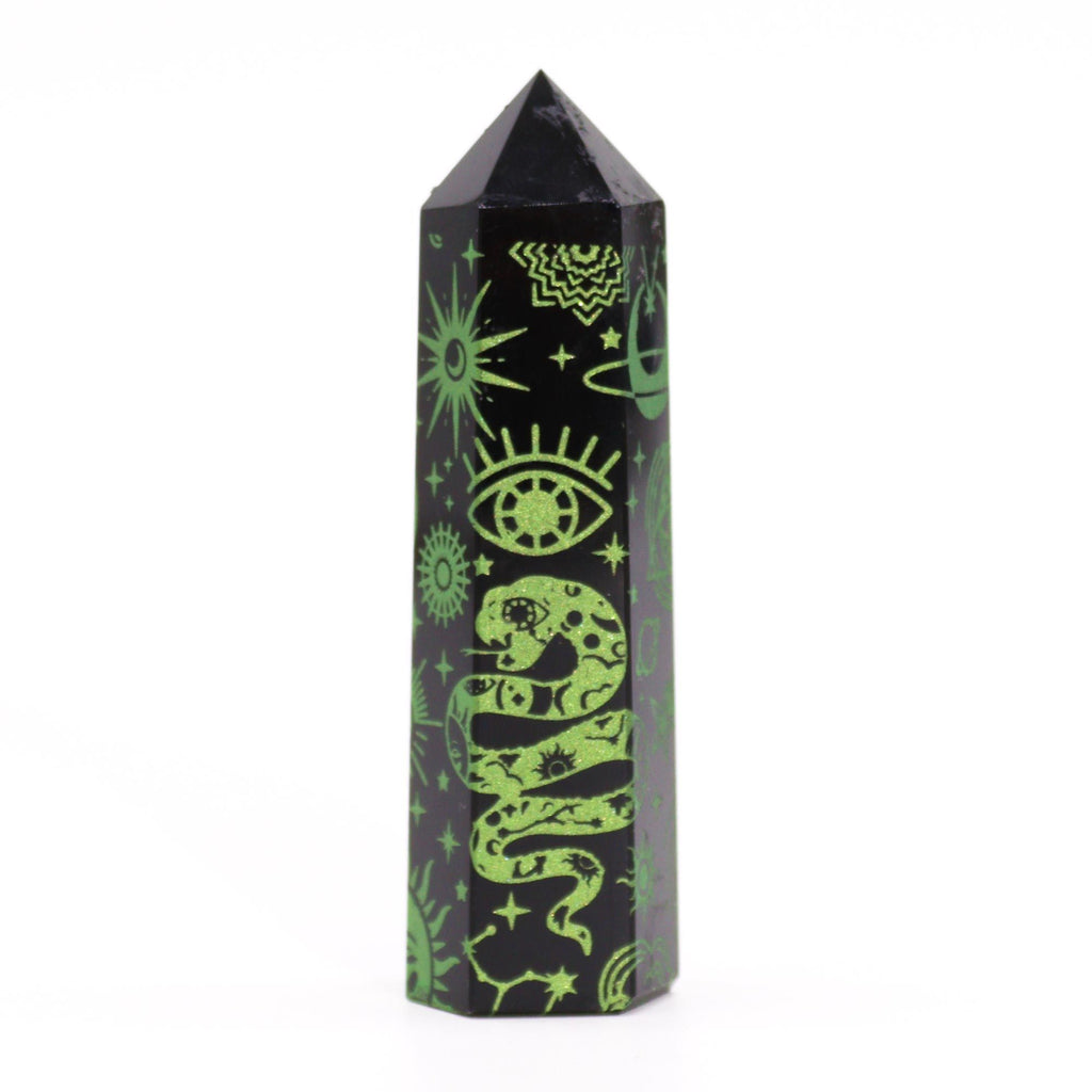 Engraved Black Obsidian Point - Forest Green Celestial Symbols – view 5