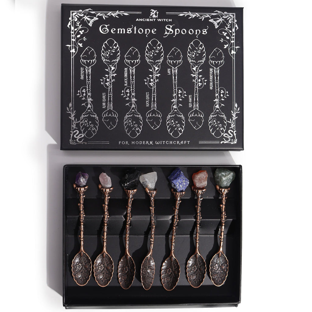 Set of 7 Gemstone Crystal Spoons in Bronze Tone