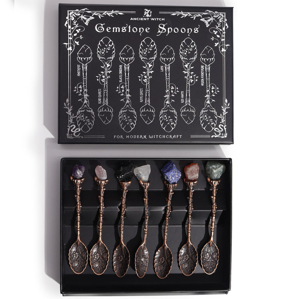 Set of 7 Gemstone Crystal Spoons in Bronze Tone