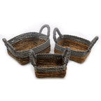 Banana Leaf & Grey Raffia Square Baskets, Set of 3