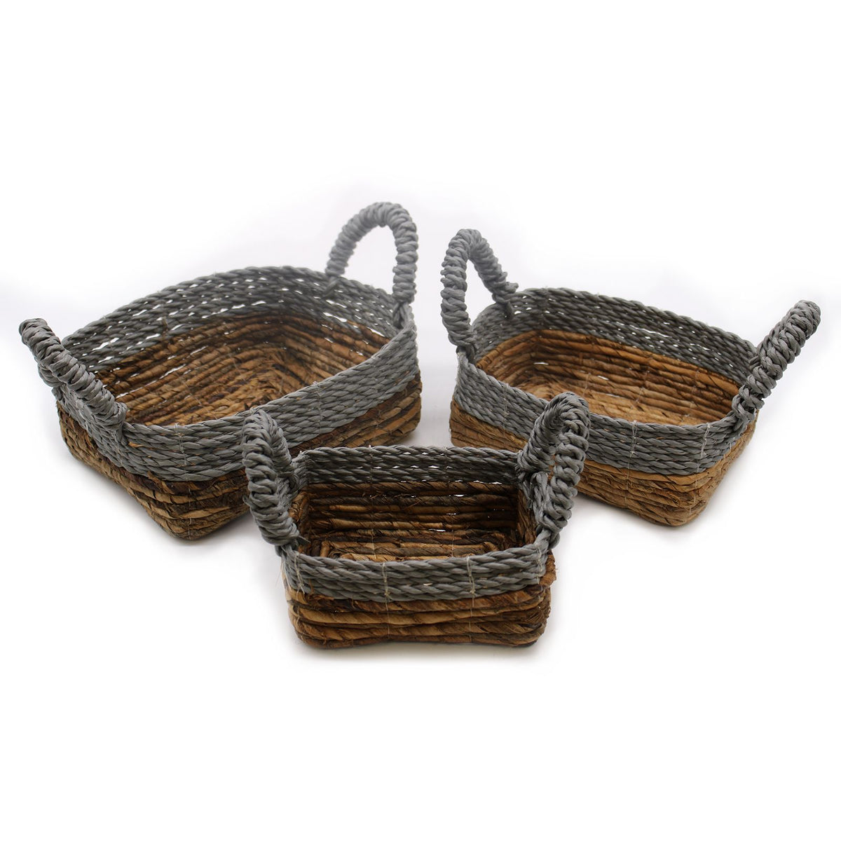 Banana Leaf & Grey Raffia Square Baskets, Set of 3