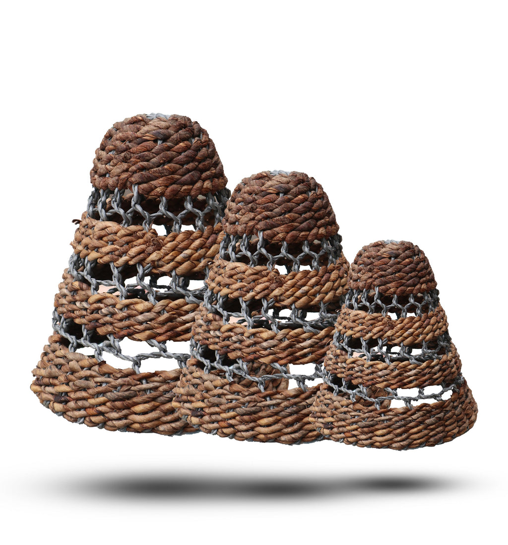 Banana Leaf & Grey Raffia Lamp Shades, Set of 3
