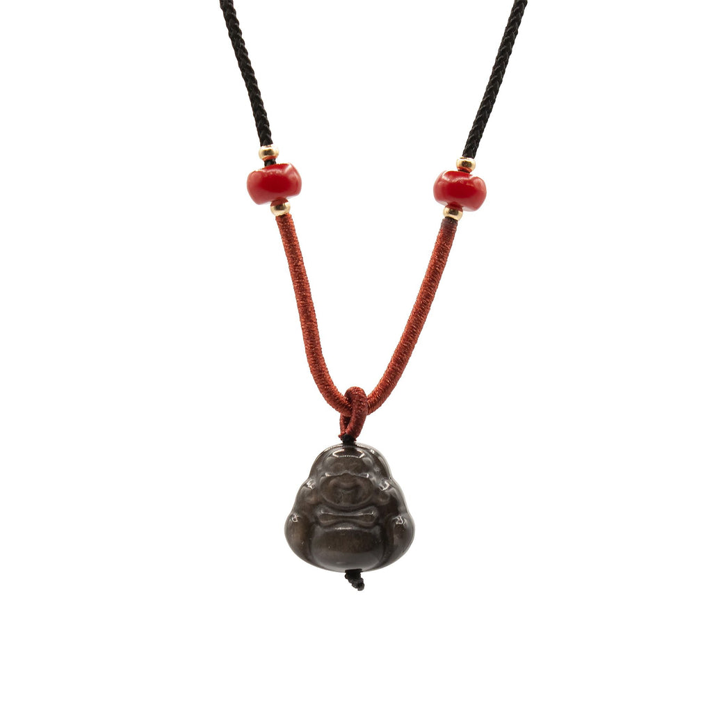Silver Obsidian Buddha Cord Necklace Pendant