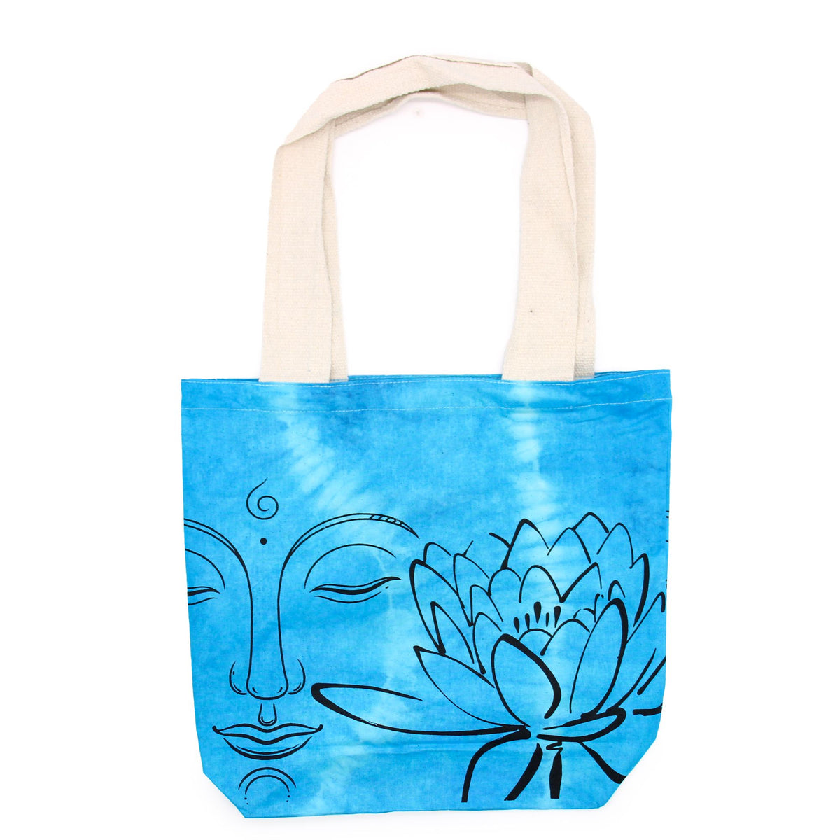 Tie-Dye Cotton Bag - Lotus Buddha - Blue - Natural Handle
