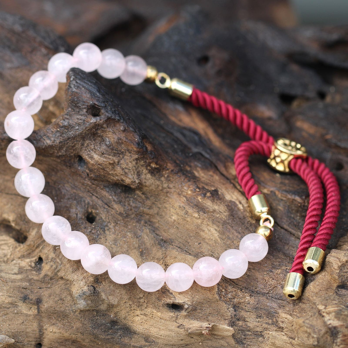 Rose Quartz Gemstone Bracelet, Gold-Plated Sliding Toggle – view 2