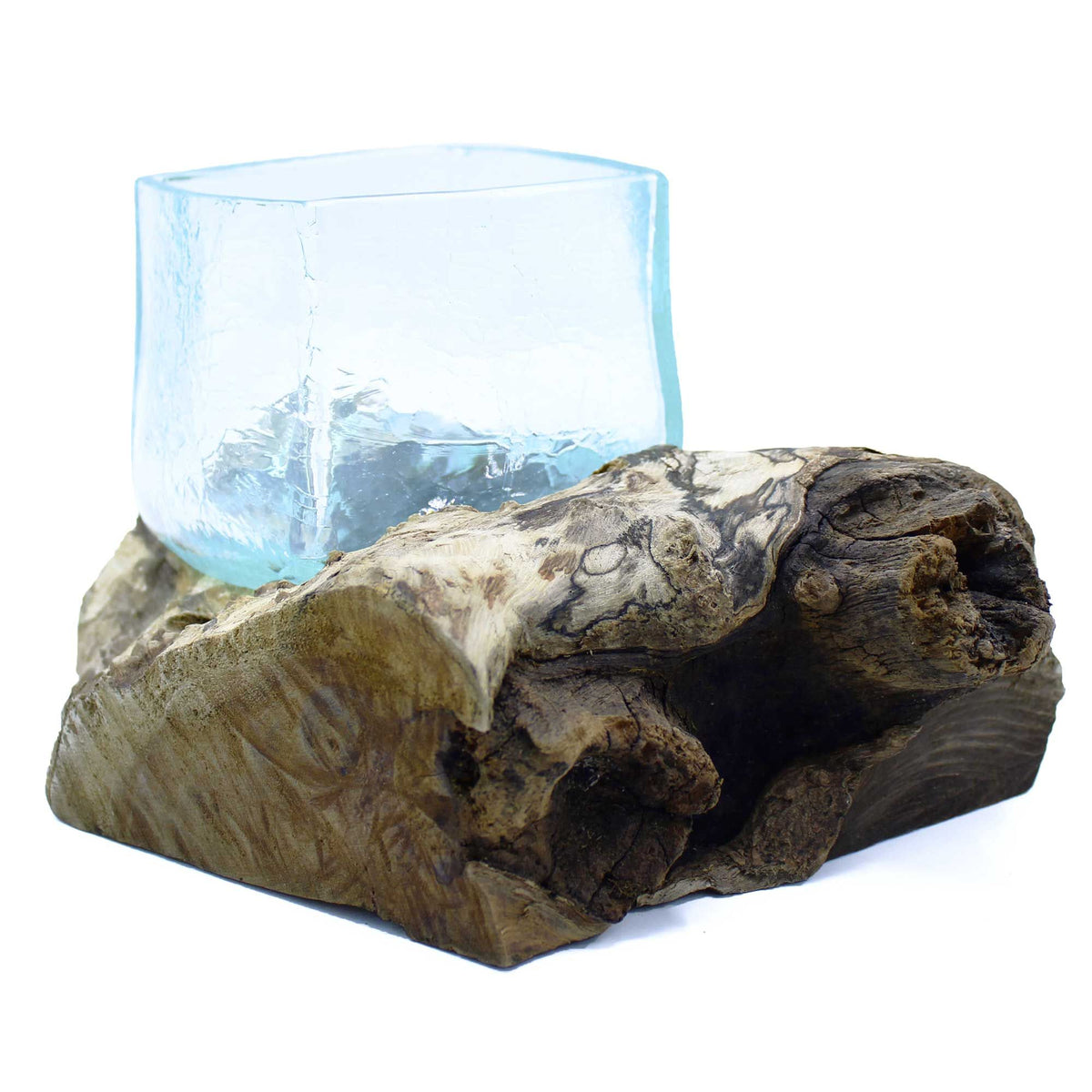 Molten Crackled Glass Bowl on Wood