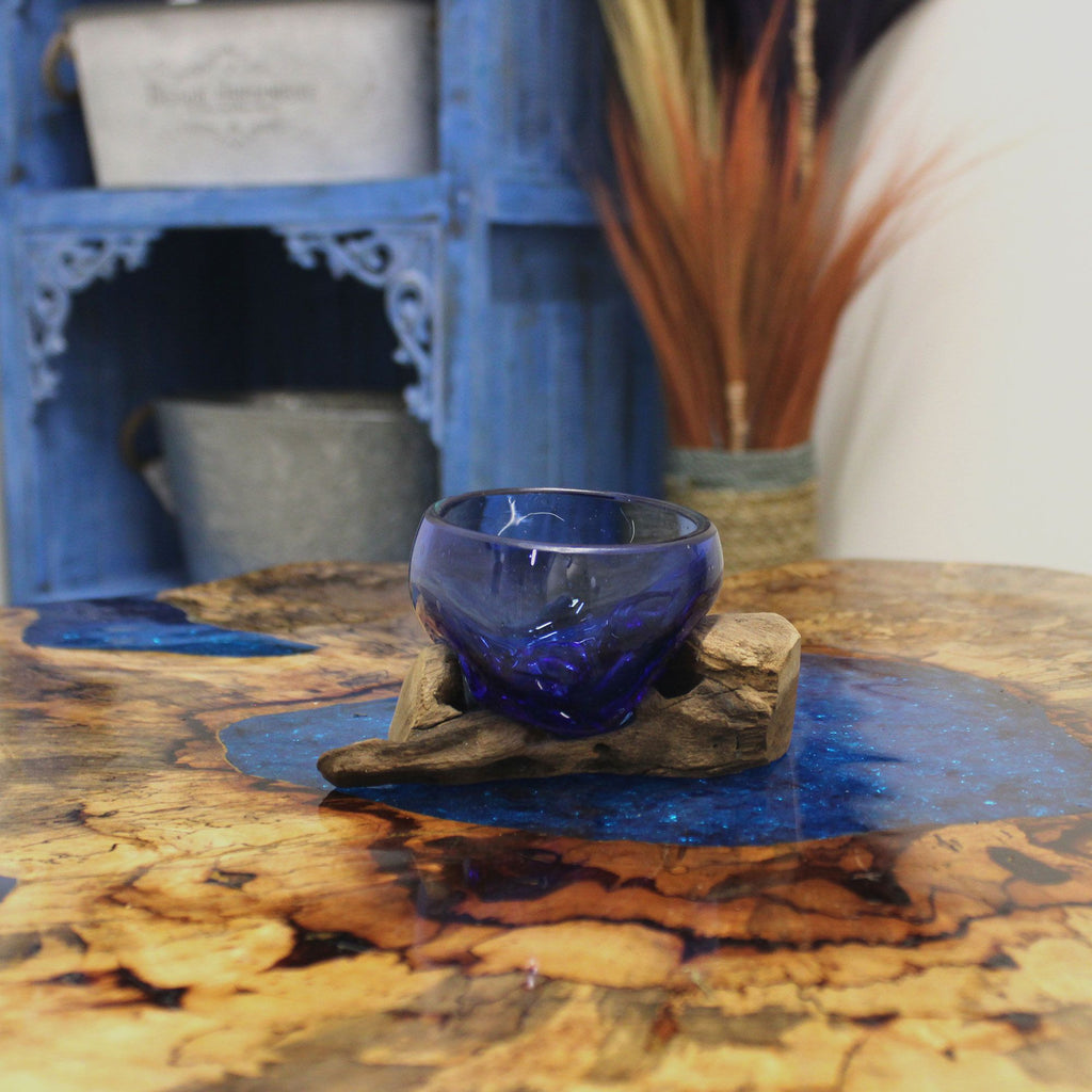 Molten Glass Mini Blue Bowl on Wood – view 2