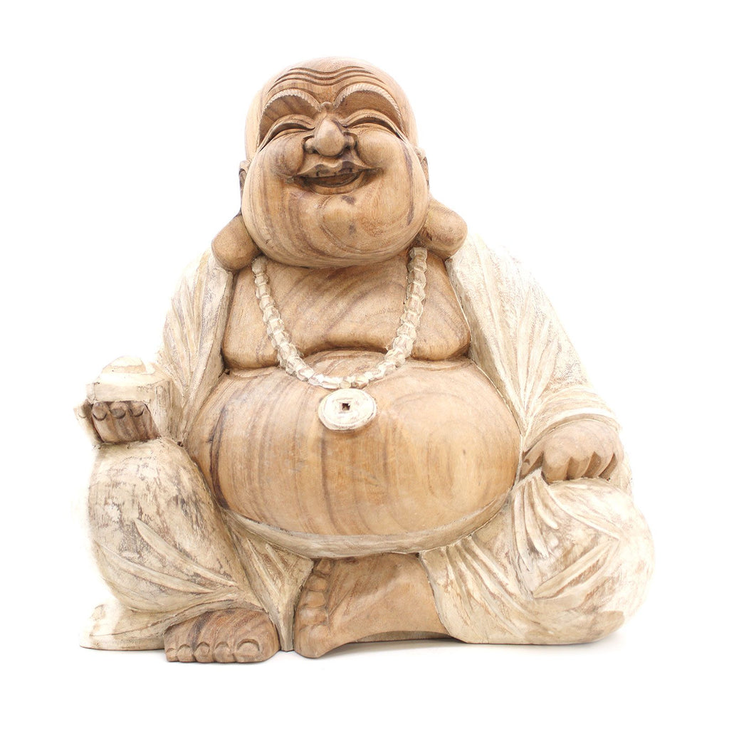 Hand Carved Happy Buddha Statue, Whitewash, 40cm – view 2