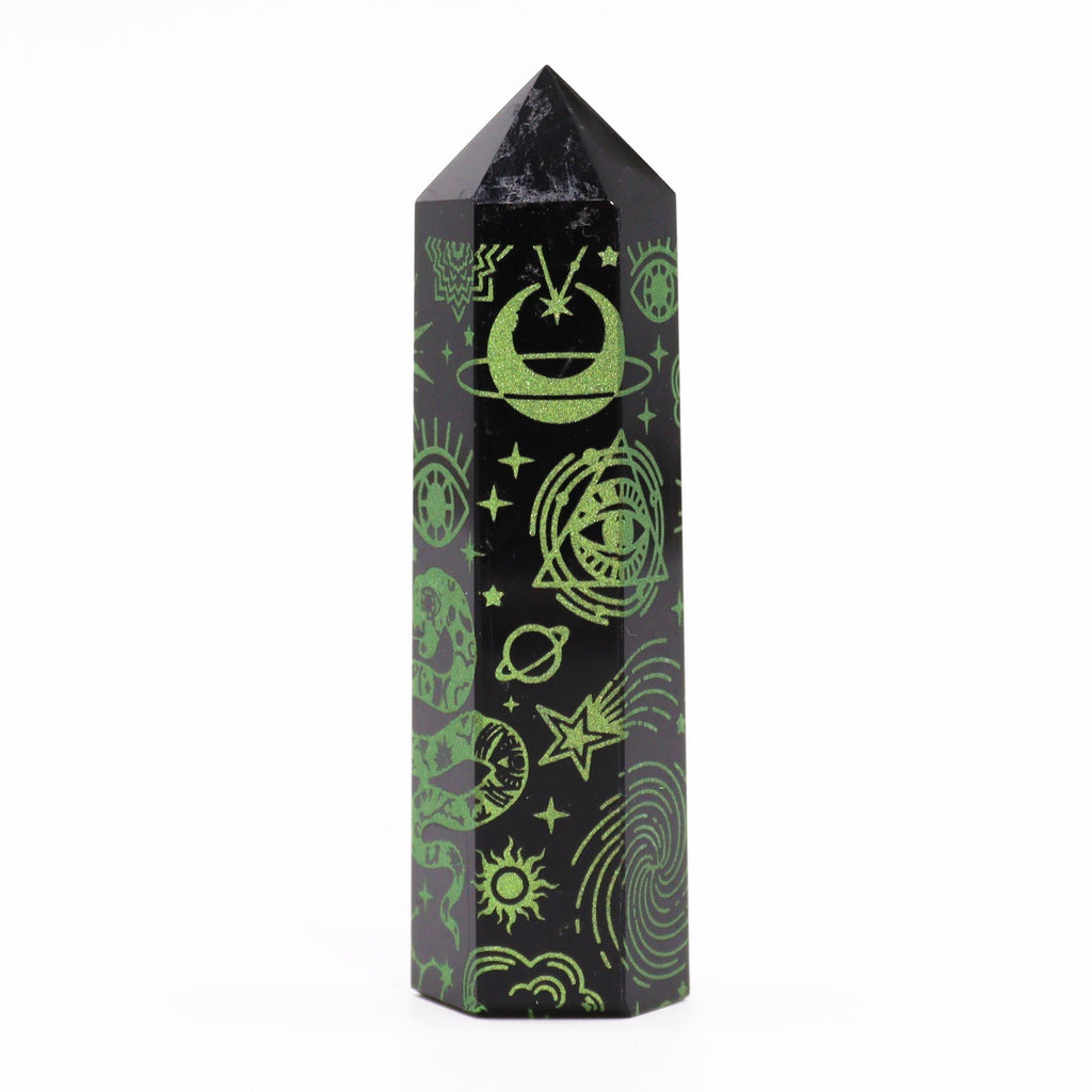 Engraved Black Obsidian Point - Forest Green Celestial Symbols – view 4