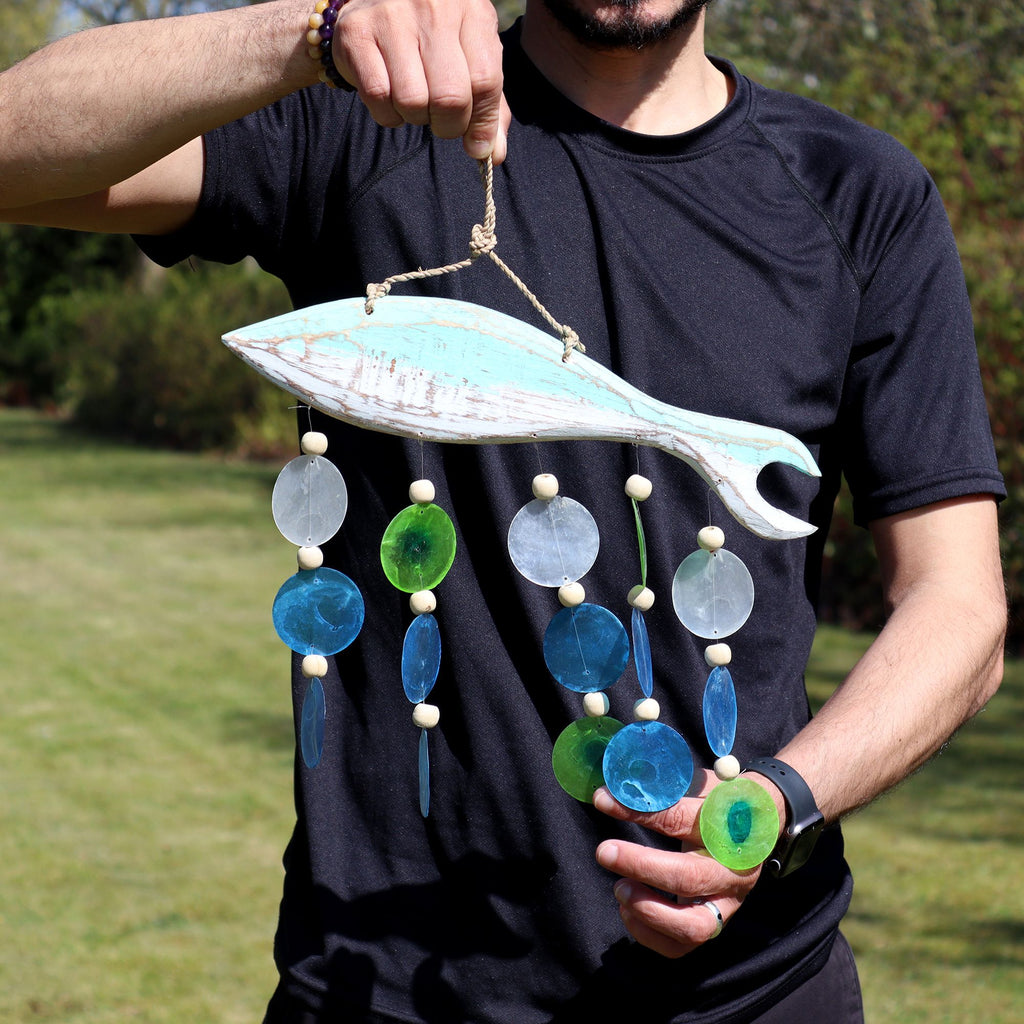 Aqua Fish Carving & Capiz Shell Wind Chime – view 2