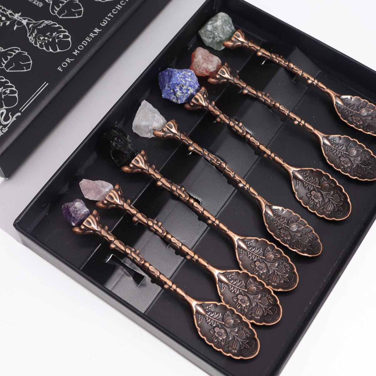 Set of 7 Gemstone Crystal Spoons in Bronze Tone – view 3