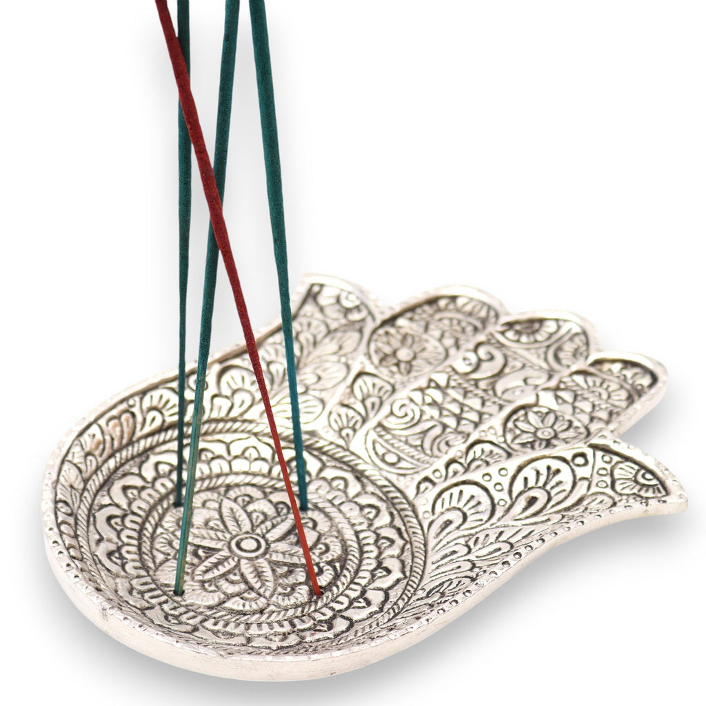 Polished Aluminium Large Hamsa Incense Holder 18x13cm