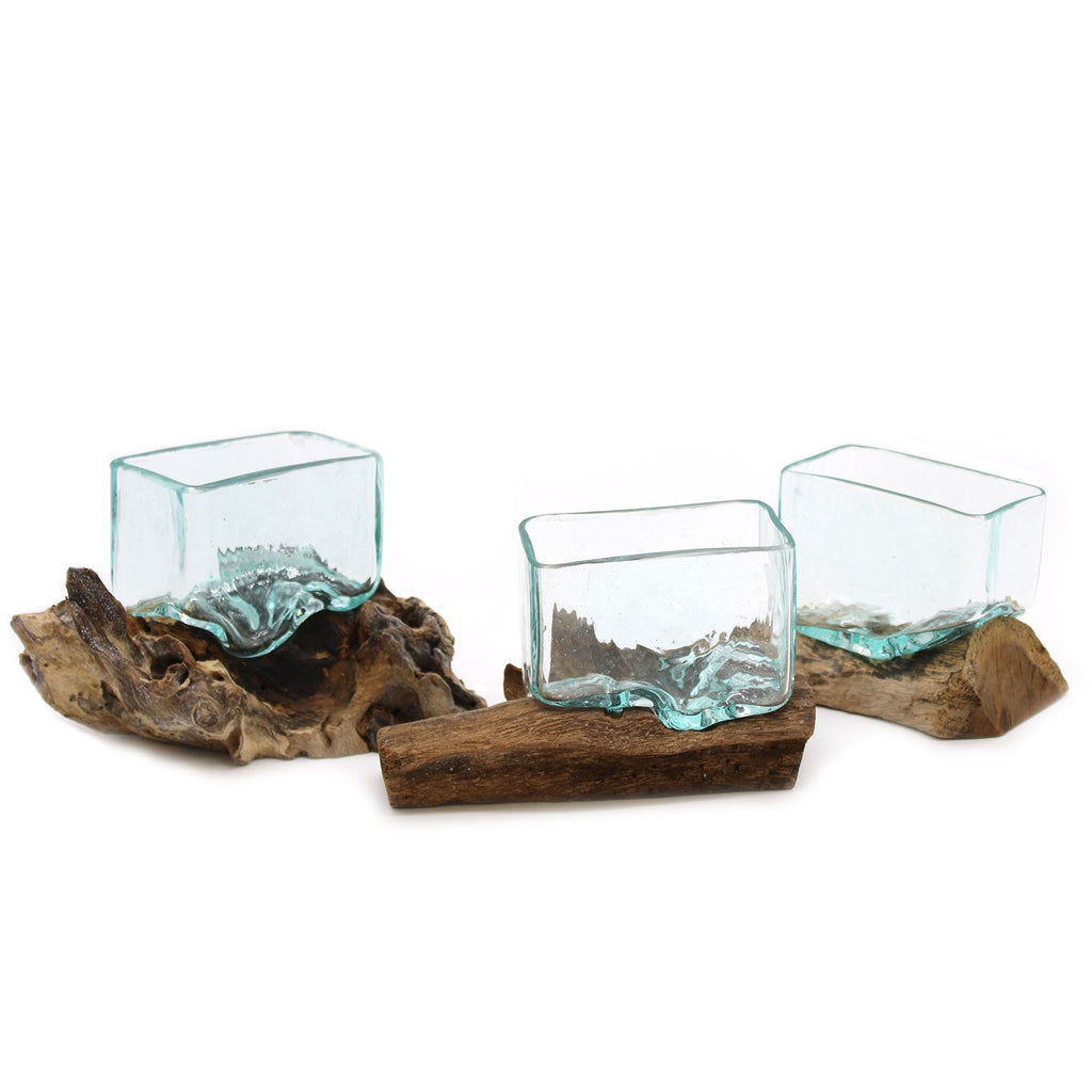 Small Molten Glass Bowl on Wood with Stand – view 3