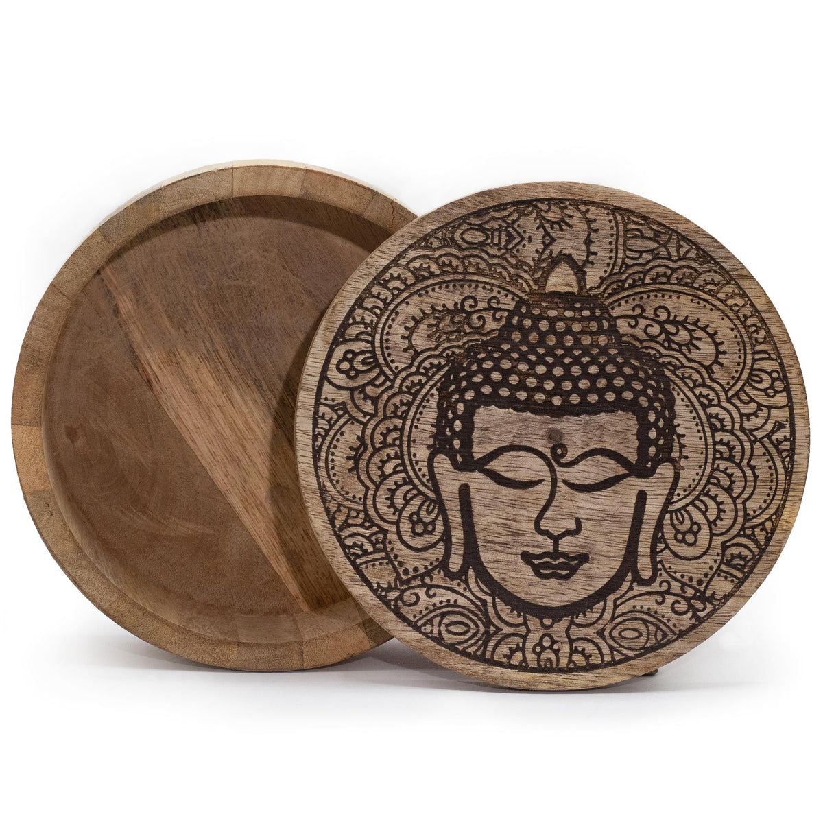 Mango Wood Round Box, Buddha Face Black Engraved