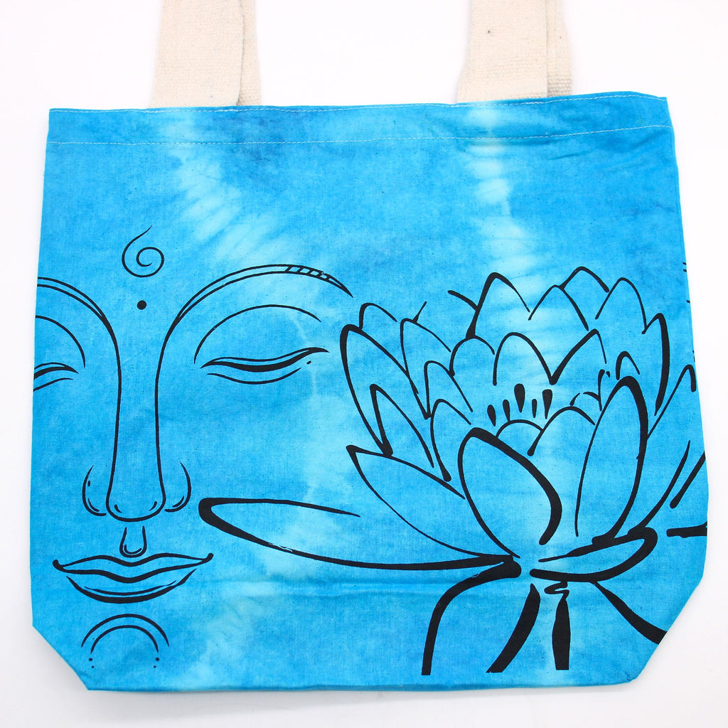 Tie-Dye Cotton Bag - Lotus Buddha - Blue - Natural Handle – view 3