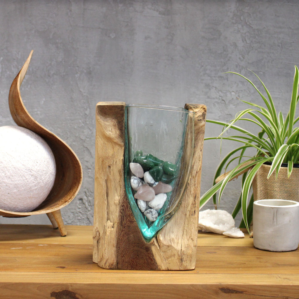 Molten Glass V-Shaped Art Vase on Wood – view 3