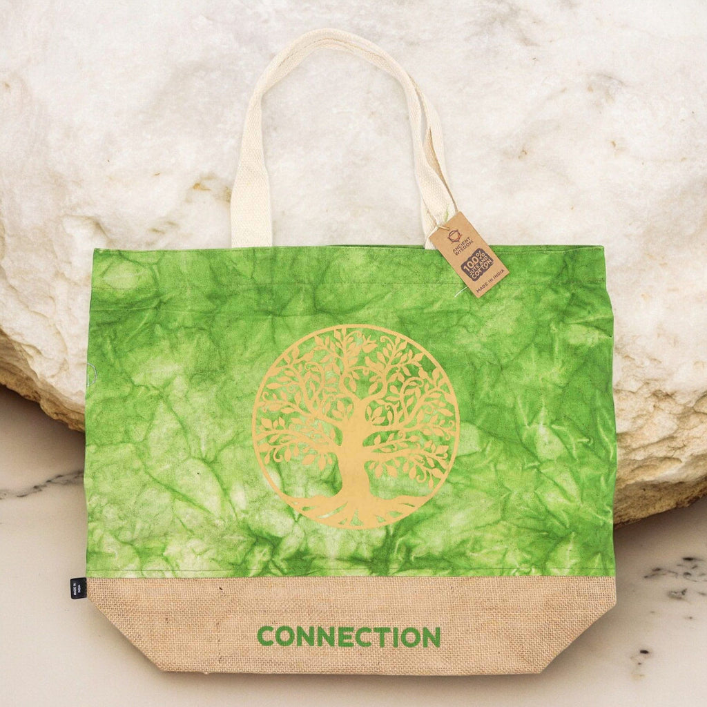 Jute and Cotton Tote Bag - Green Stonewash Tree of Life – view 3