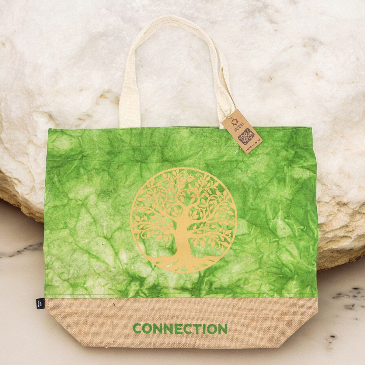 Jute and Cotton Tote Bag - Green Stonewash Tree of Life – view 3
