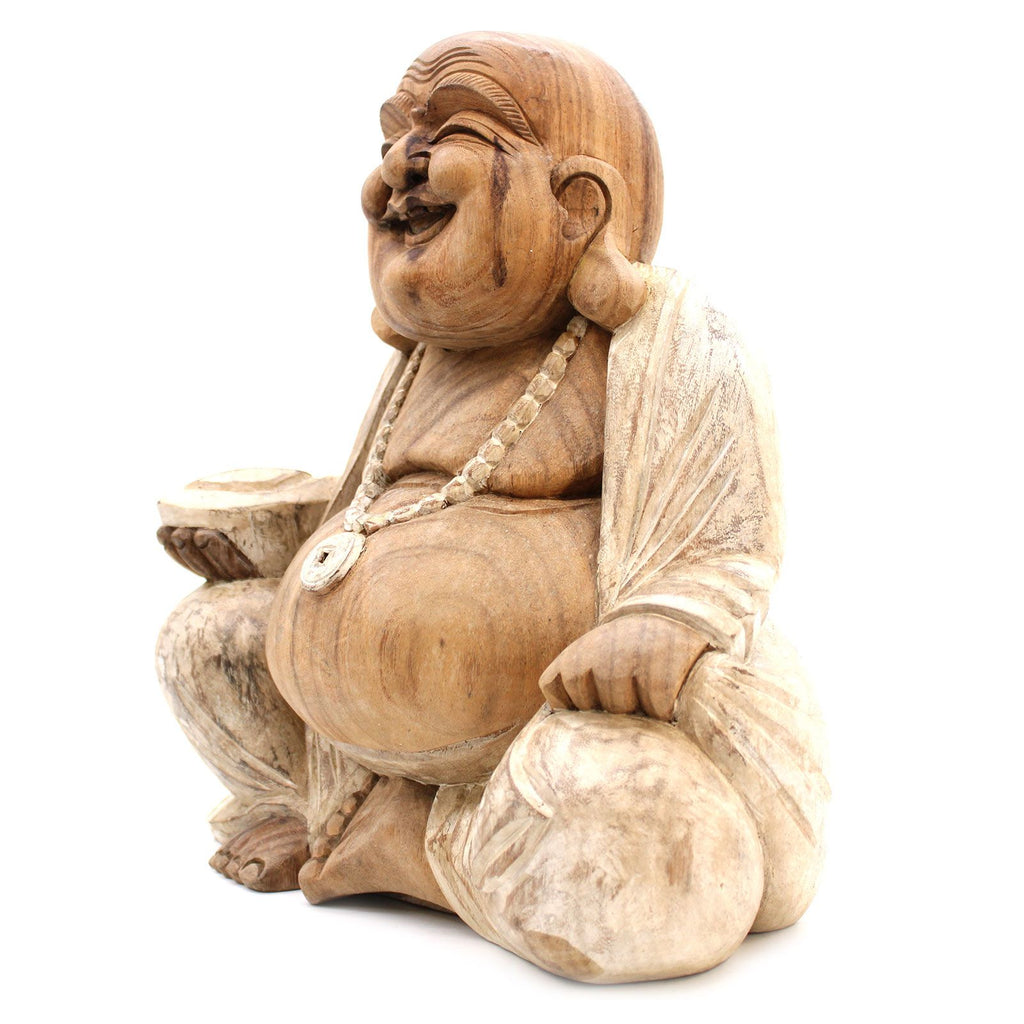 Hand Carved Happy Buddha Statue, Whitewash, 40cm