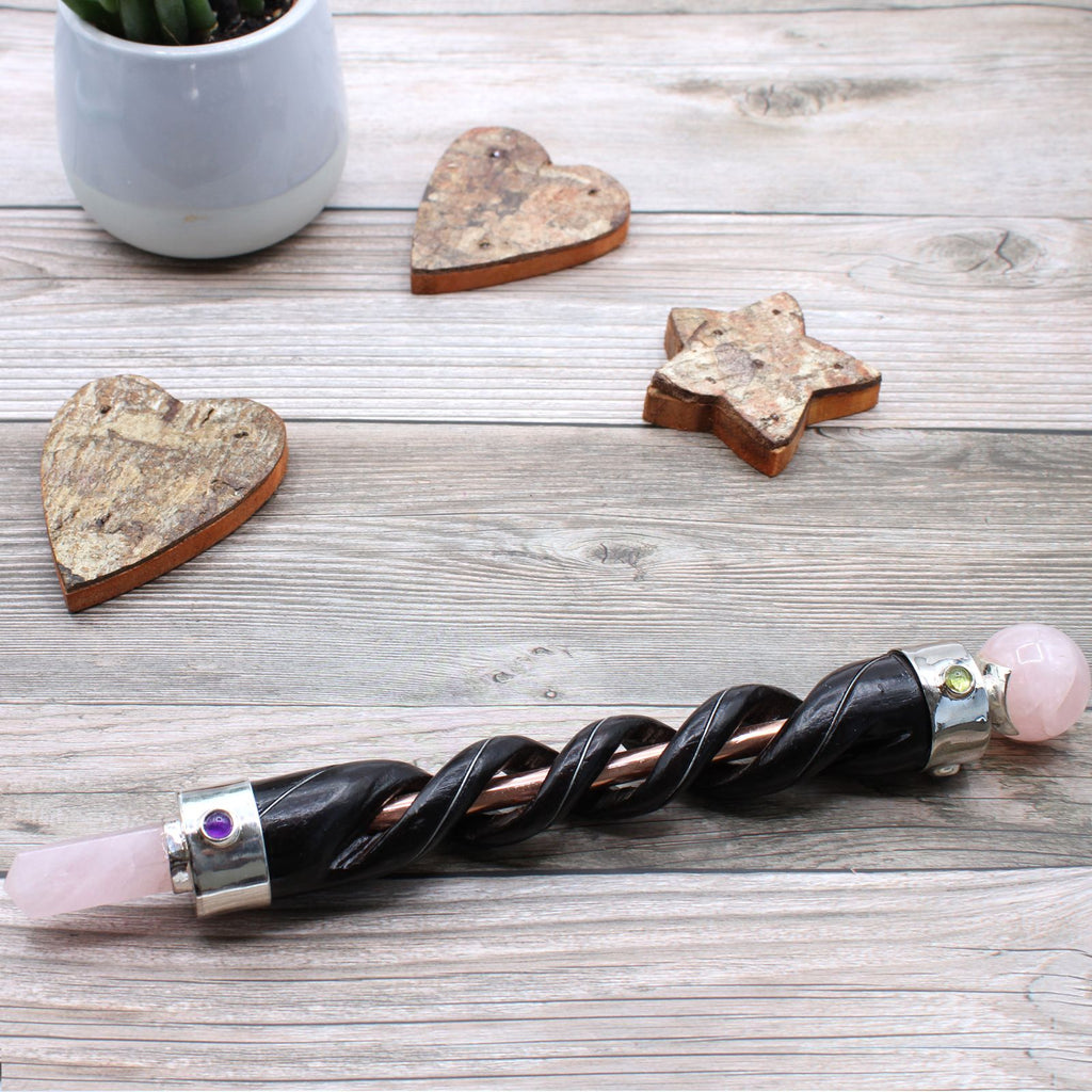 Spiral Carved Healing Wand with Copper Pipe and Rose Quartz – view 2