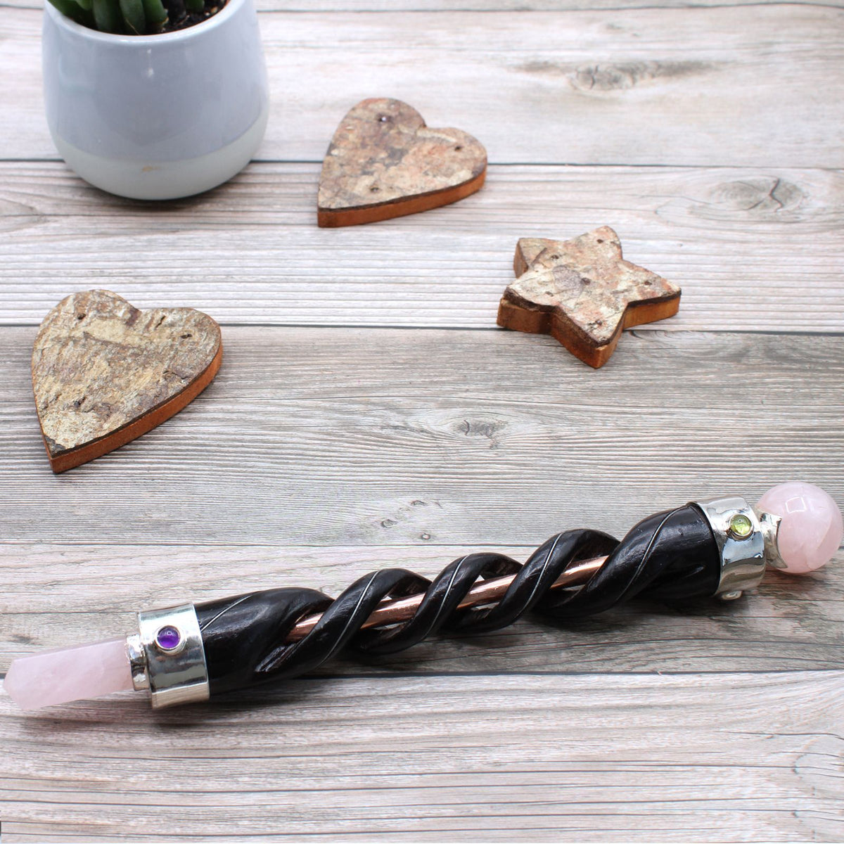 Spiral Carved Healing Wand with Copper Pipe and Rose Quartz – view 2