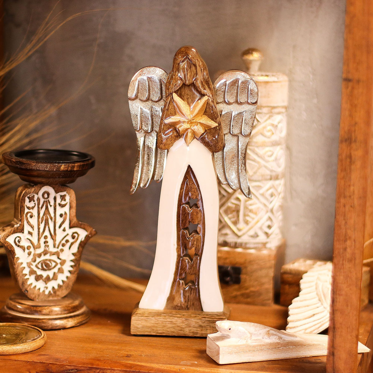 Large Mango Wood Star Angel, Metal Wings, 30cm – view 2