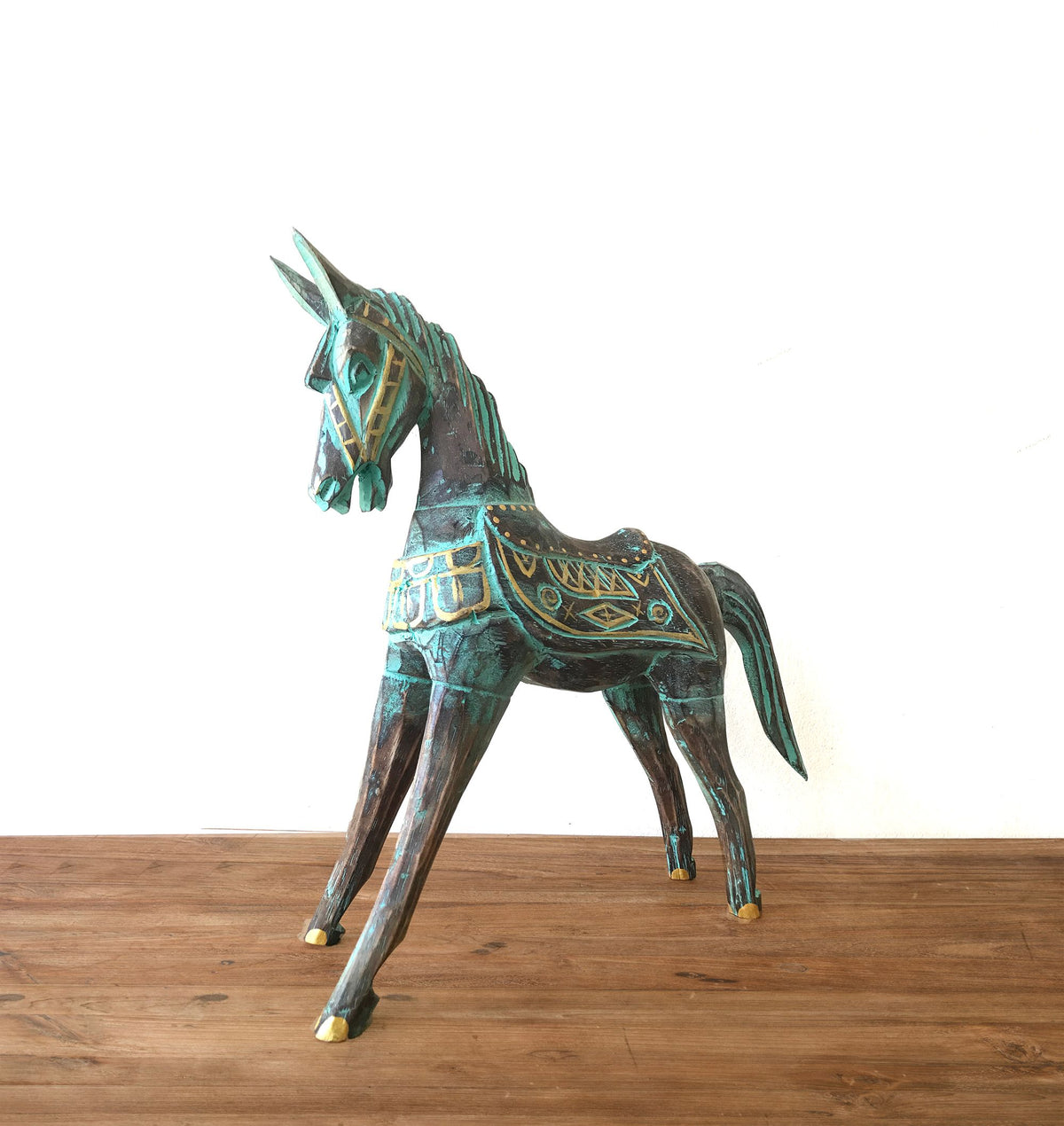 Medium Gold and Turquoise Wood Horse, 25 cm – view 2