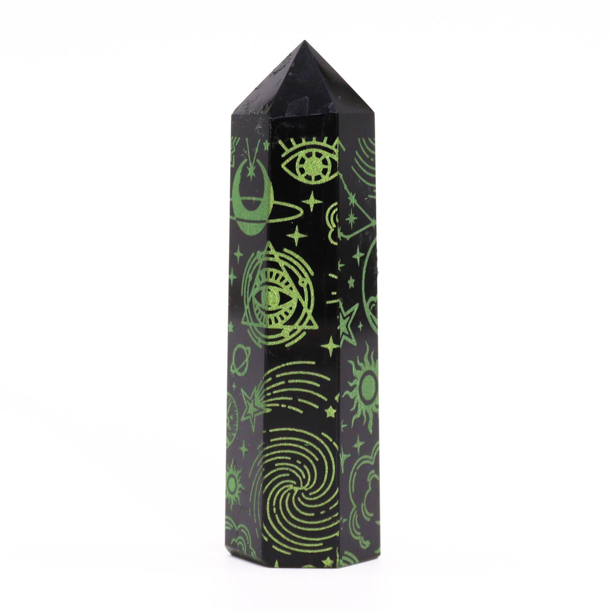Engraved Black Obsidian Point - Forest Green Celestial Symbols – view 3