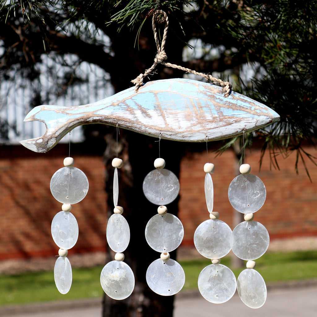 Bluewash Fish Carving & Natural Capiz Wind Chime – view 3