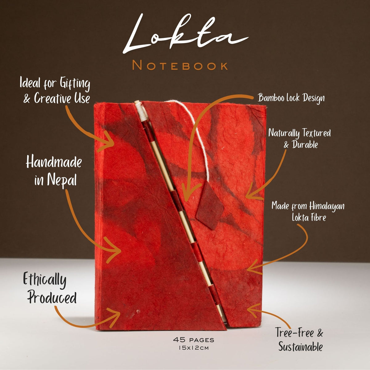 Lokta Bold Floral Notebook – Medium, Bamboo Lock – Ruby – view 5
