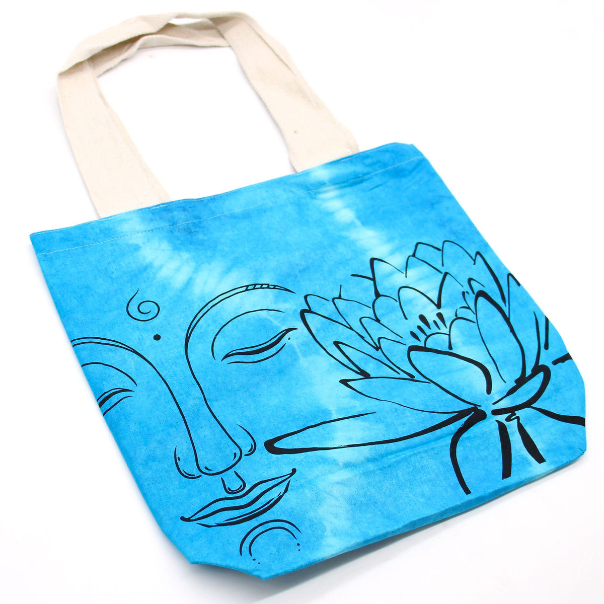 Tie-Dye Cotton Bag - Lotus Buddha - Blue - Natural Handle – view 2