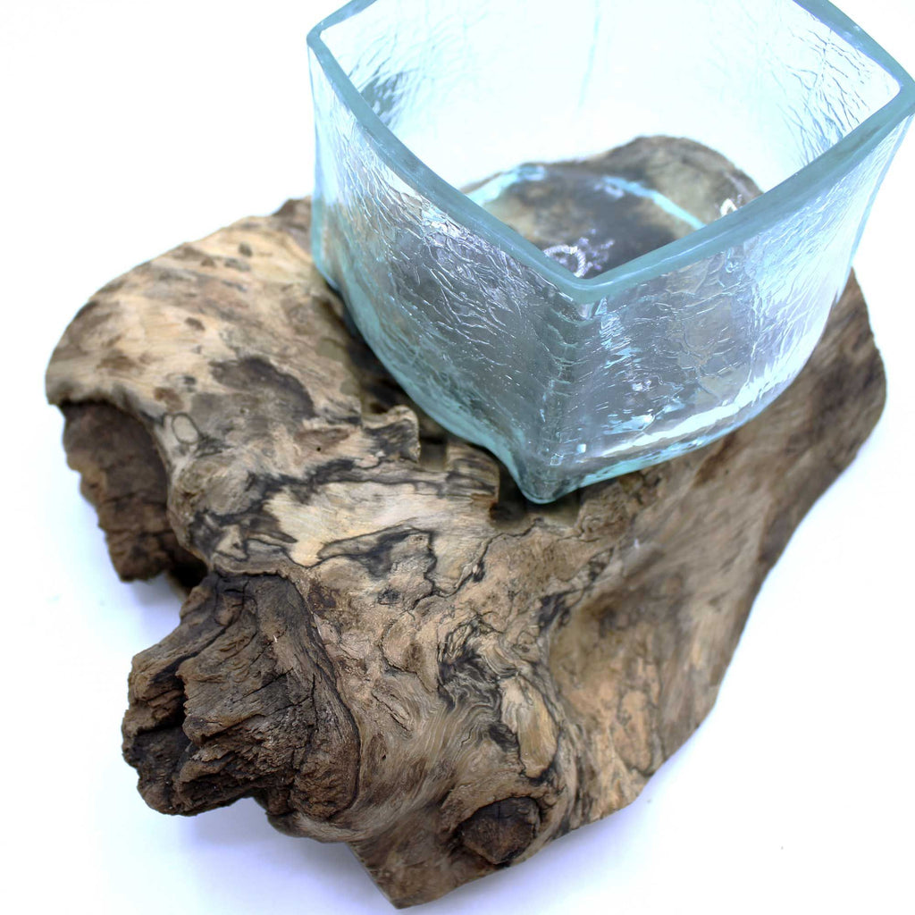 Molten Crackled Glass Bowl on Wood – view 2