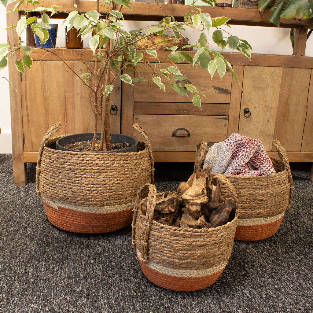 Straw & Seagrass Baskets, Natural and Orange, Set of 3 – view 3
