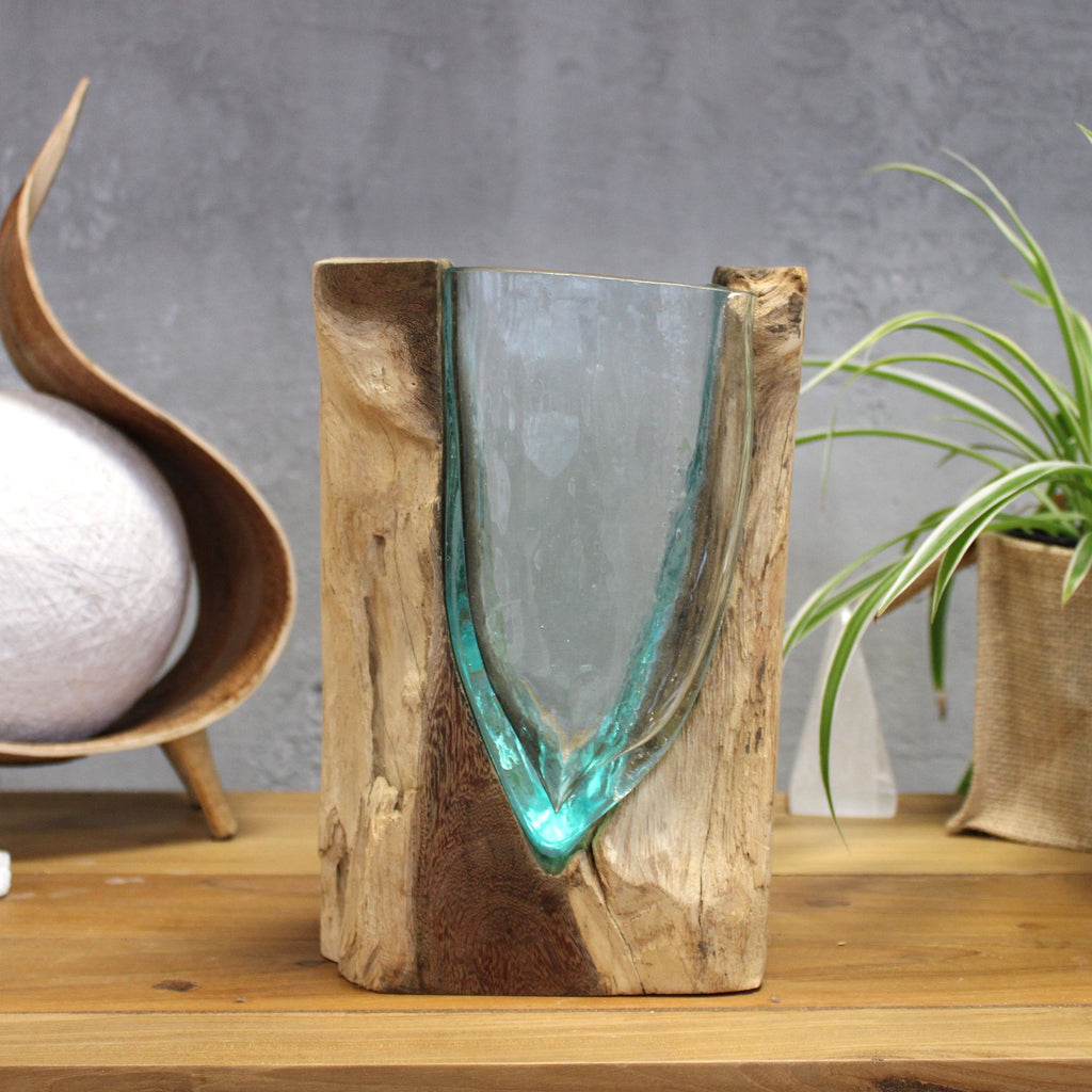 Molten Glass V-Shaped Art Vase on Wood – view 2