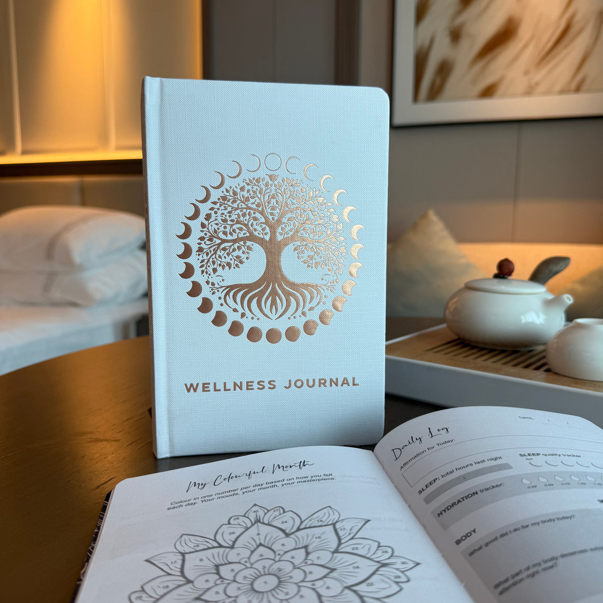 White Wellness Journal, Rose Gold Tree of Life, 120 Pages