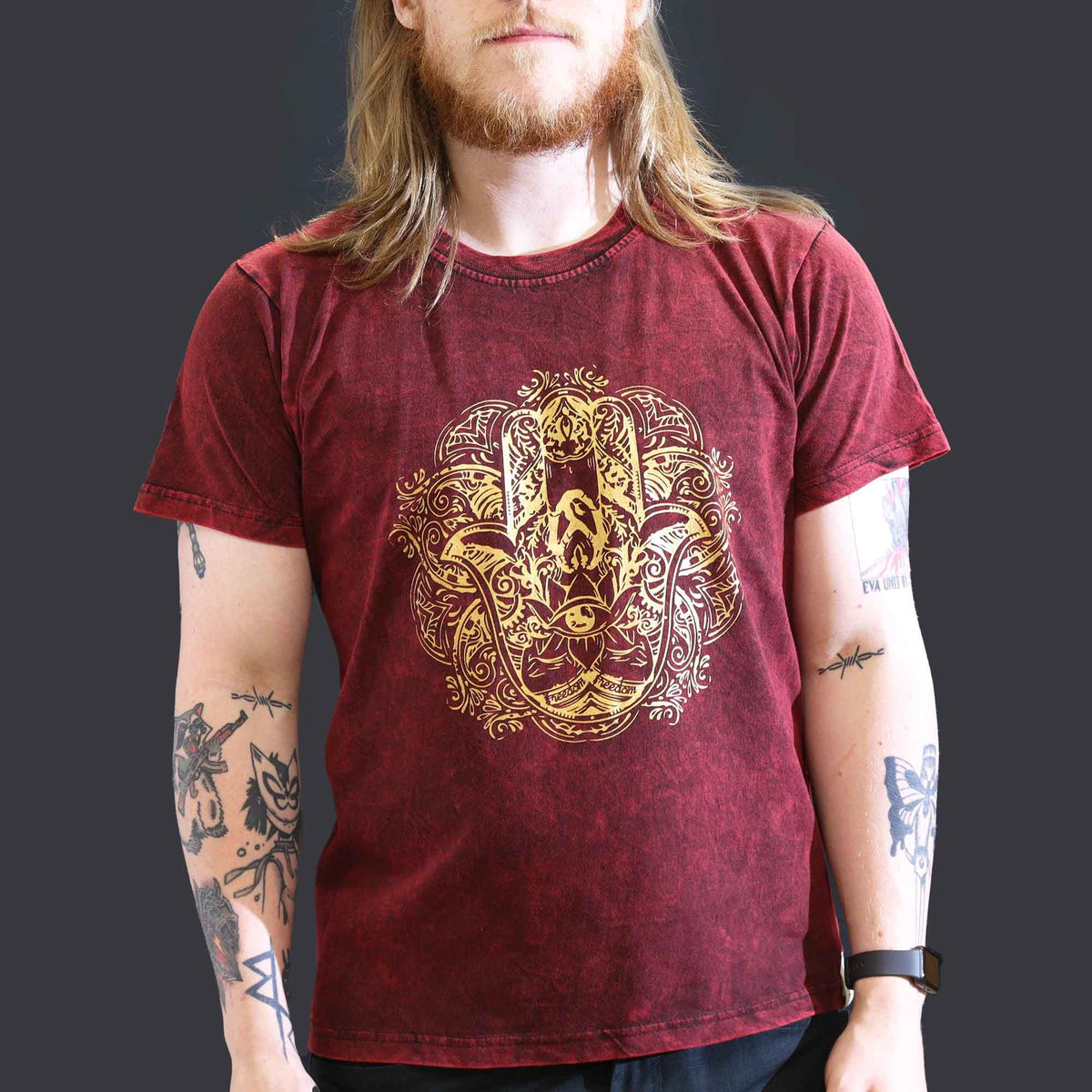 Nomad Sari Stonewashed T-Shirt - Hamsa - Maroon - Large