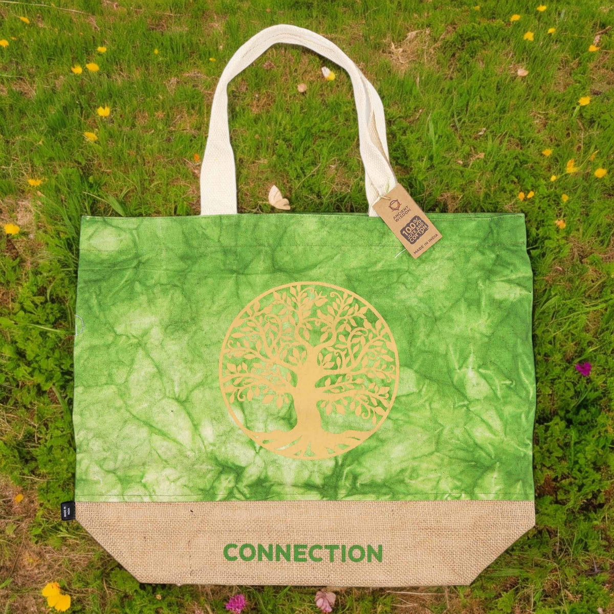 Jute and Cotton Tote Bag - Green Stonewash Tree of Life – view 2