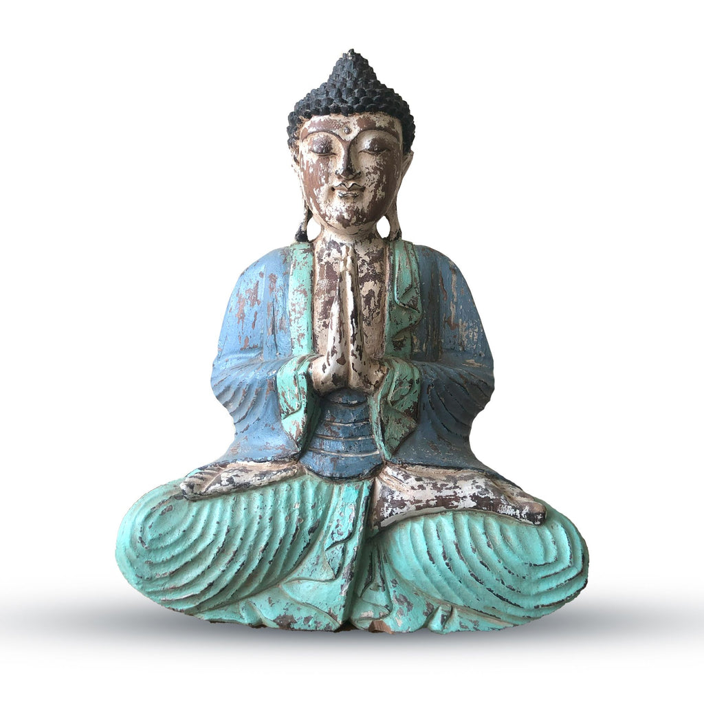 Vintage Hand Carved Buddha Statue, 40 cm, Blue Mint Welcome