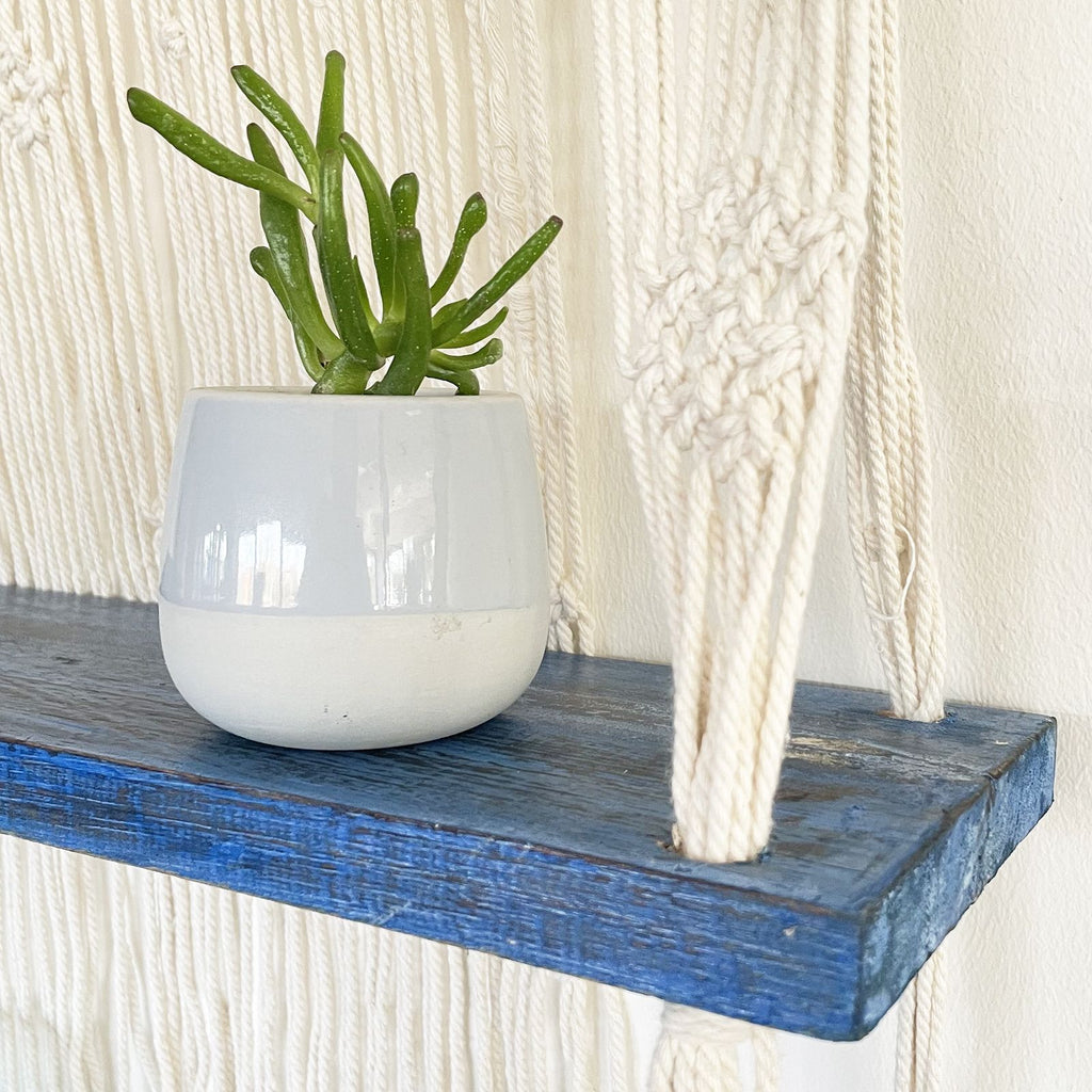 Macrame Hanging Shelf - Natural Wood, Blue Rope, 150 cm – view 9