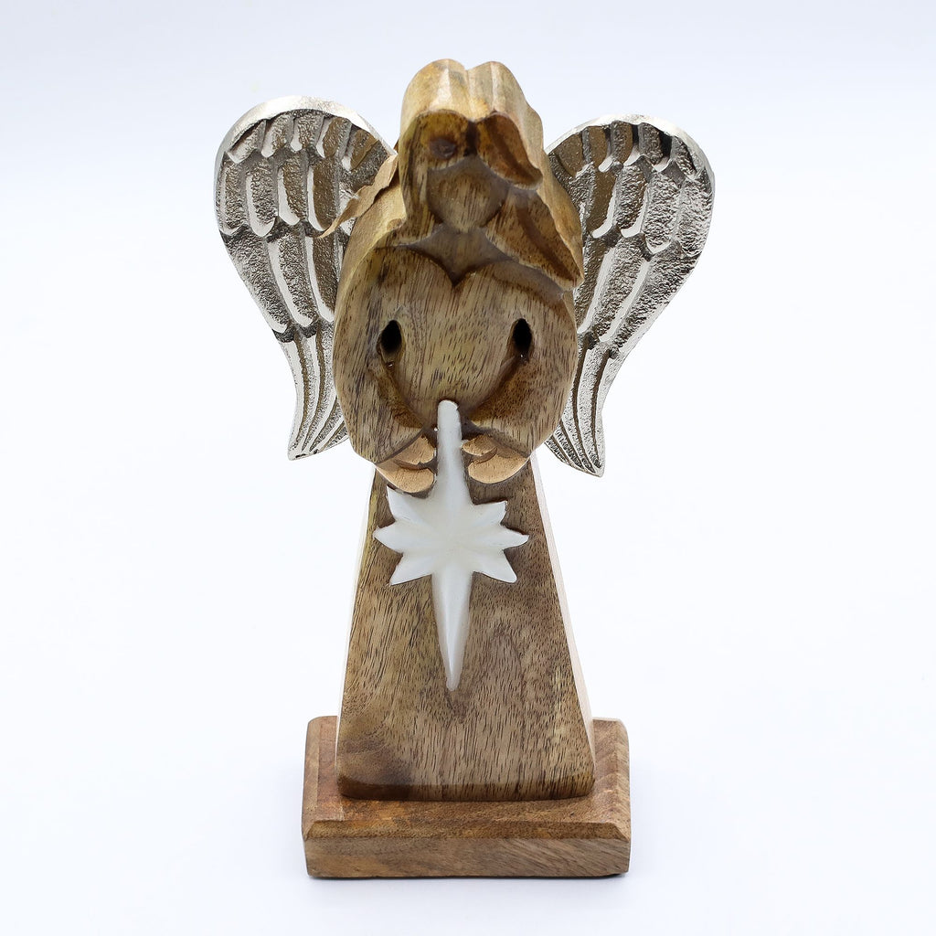 Large Mango Wood Peace Angel, Metal Wings, 30cm – view 8