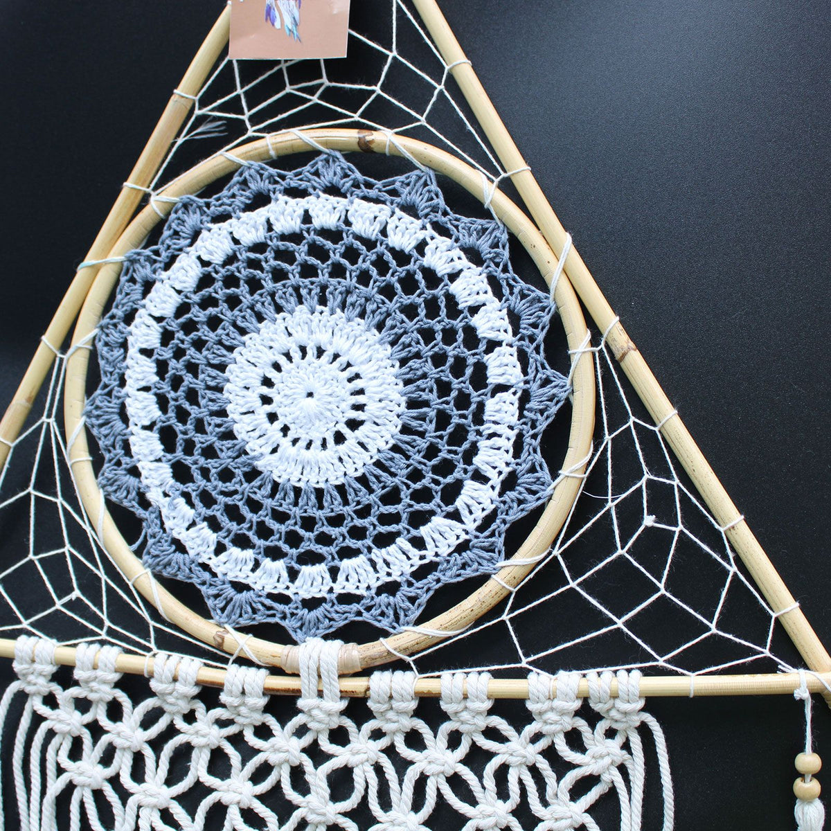 Large Macrame Pyramid Dream Catcher - White & Grey – view 2