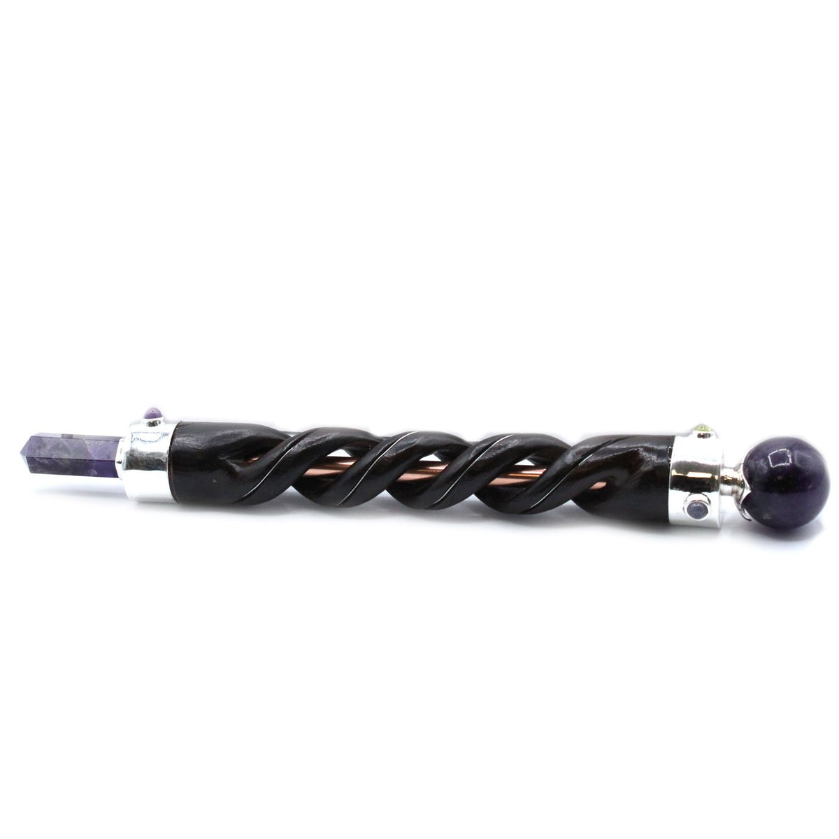 Spiral Carved Healing Wand with Copper Pipe and Amethyst – view 3