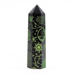 Engraved Black Obsidian Point - Forest Green Celestial Symbols – view 2