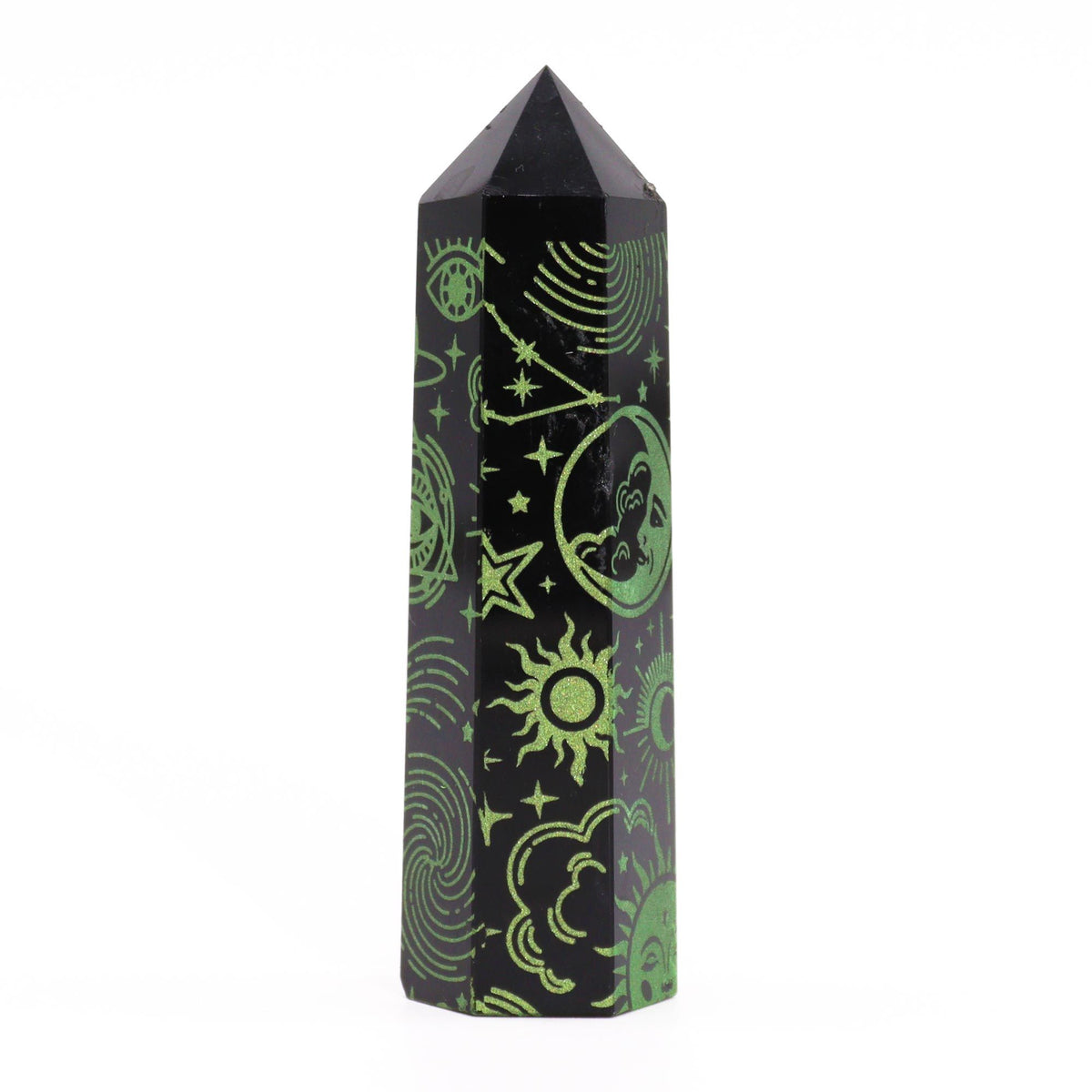 Engraved Black Obsidian Point - Forest Green Celestial Symbols – view 2