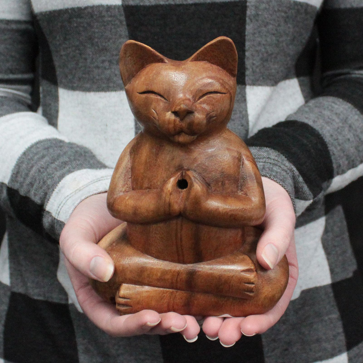 Carved Wooden Incense Burner - Large Yoga Cat – view 3