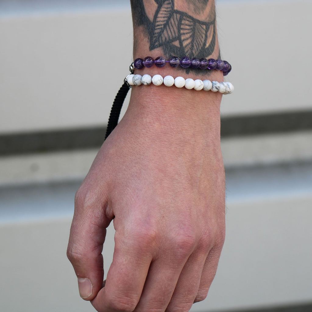 White Howlite Gemstone Bead Bracelet on Navy Cord – view 3